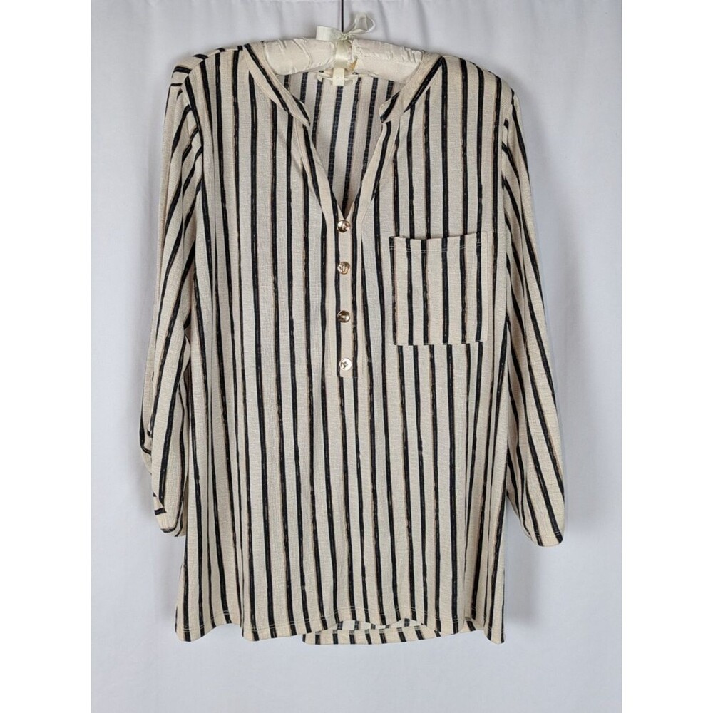 Como Blu Women's Beige Black Striped Henley V-Neck Roll-Tab Sleeve Blouse XL